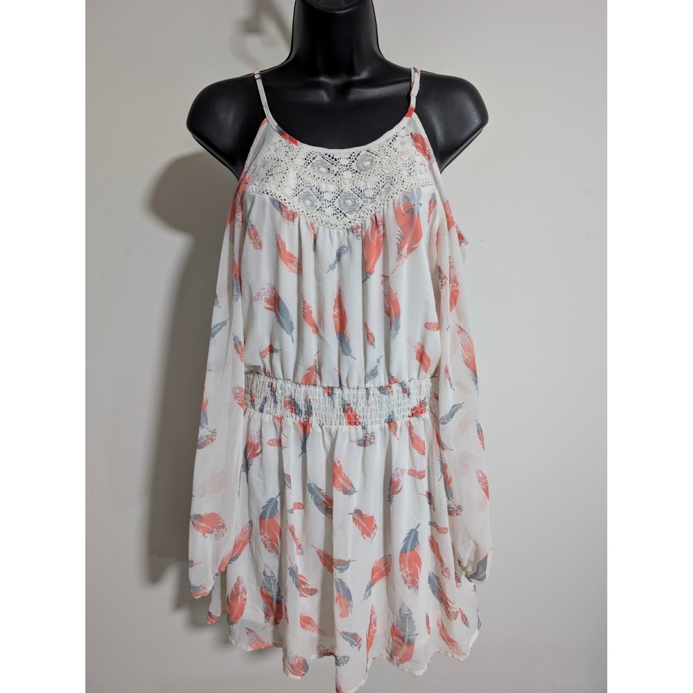 Xhilaration Feather Print Dress Sheer Overlay Cold Shoulder Long Sleeve Medium